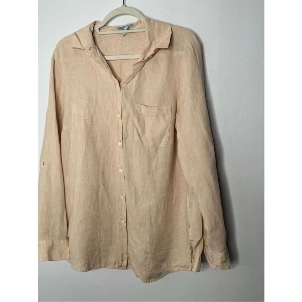 Hinson Wu lux linen tan button down shirt size 14